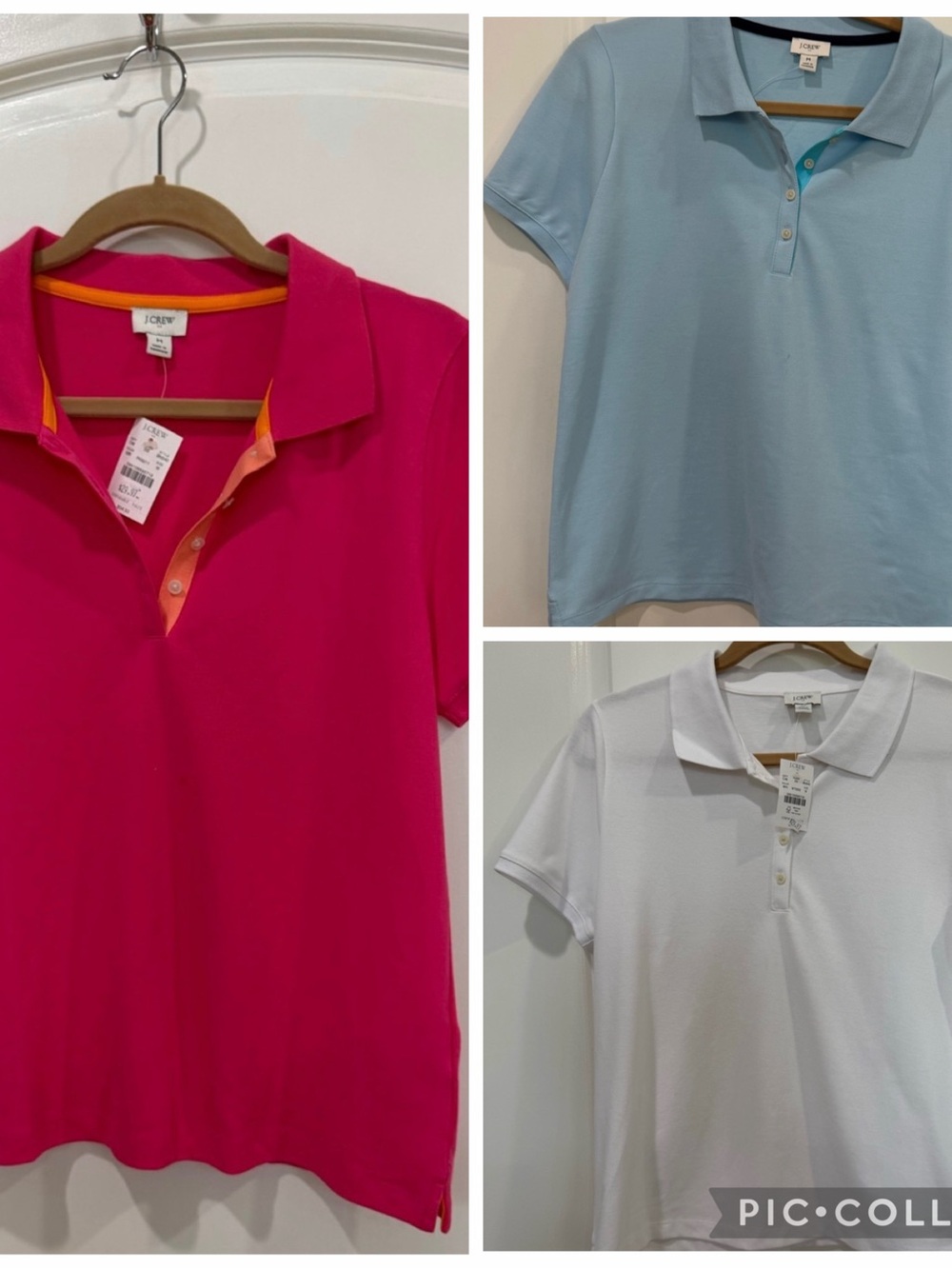 J. Crew Factory Short-Sleeve Polo Trio in Hot Pink, Light Blue & White